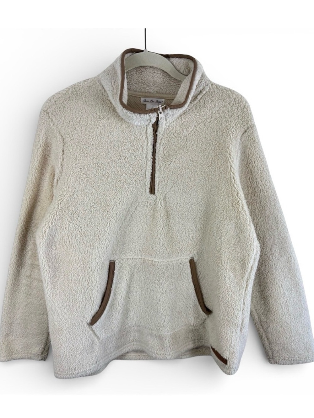 Bass Pro Shops Mens Large Sherpa Fleece Quarter Zip Pullover Cream Brown Trim